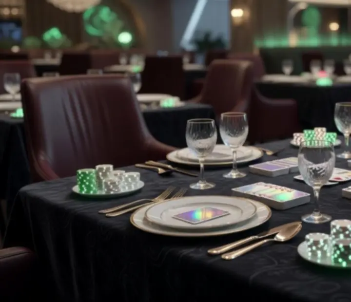 Eleganckie stoły w stylu pokerowym przygotowane na kolacje i gry karciane